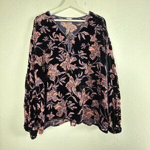 Sundance Women’s Floral Velvet Blouse Large Silk Blend Black Purple Keyhole Boho